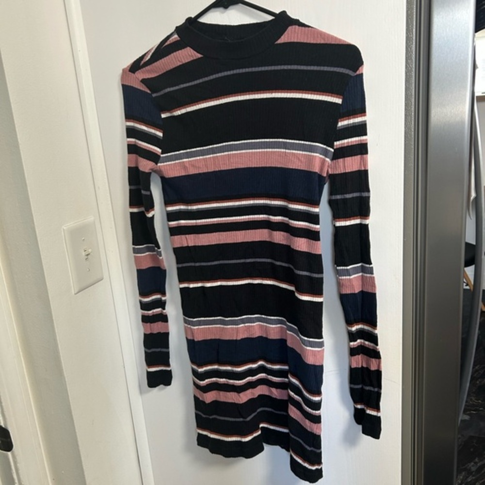 Forever 21 Black and Pink Striped Long Sleeve Dress